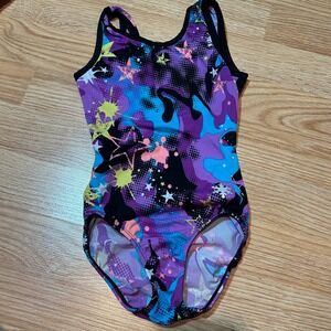 Snowflake Designs Girls Medium Gymnastics Leotard Galaxy Neon Star Print Cutout